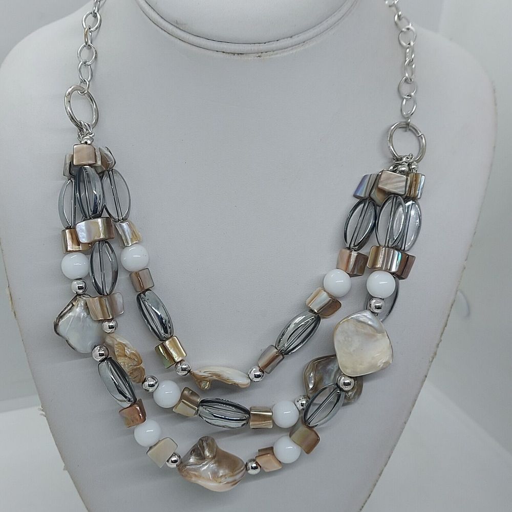 Triple Strand Mother‎ Of Pearl Silver Tone Necklace